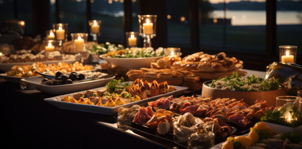 various dishes are served on the buffet line